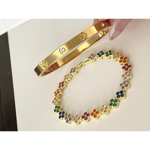 18K Gold Plated Multi clover Bracelet Bangle SET stainless steel Womens Jewelry - Picture 1 of 9